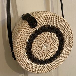 Round Woven Tan and Brown Crossbody Bag